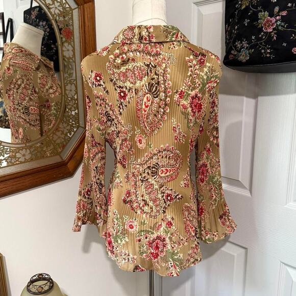VTG Y2K Serenade NY Light Brown & Red Floral Crinkled Bell Sleeve Collared Top L - Picture 5 of 8